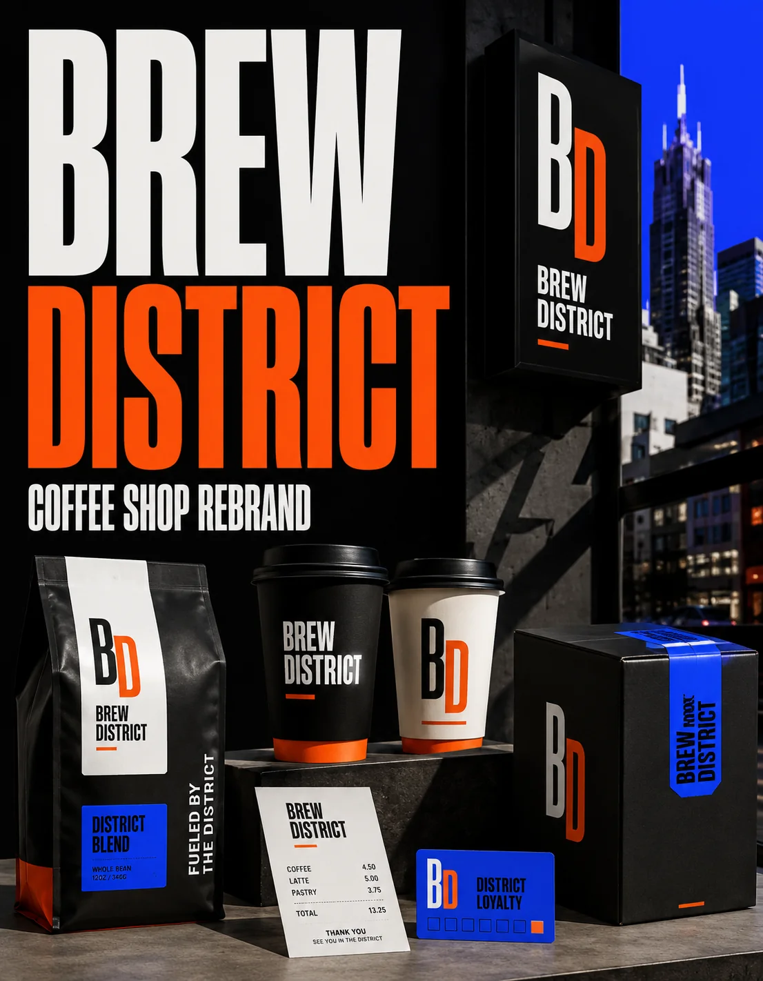 Brew District Modern Coffee Shop Rebrand Hero Cover with bold typography