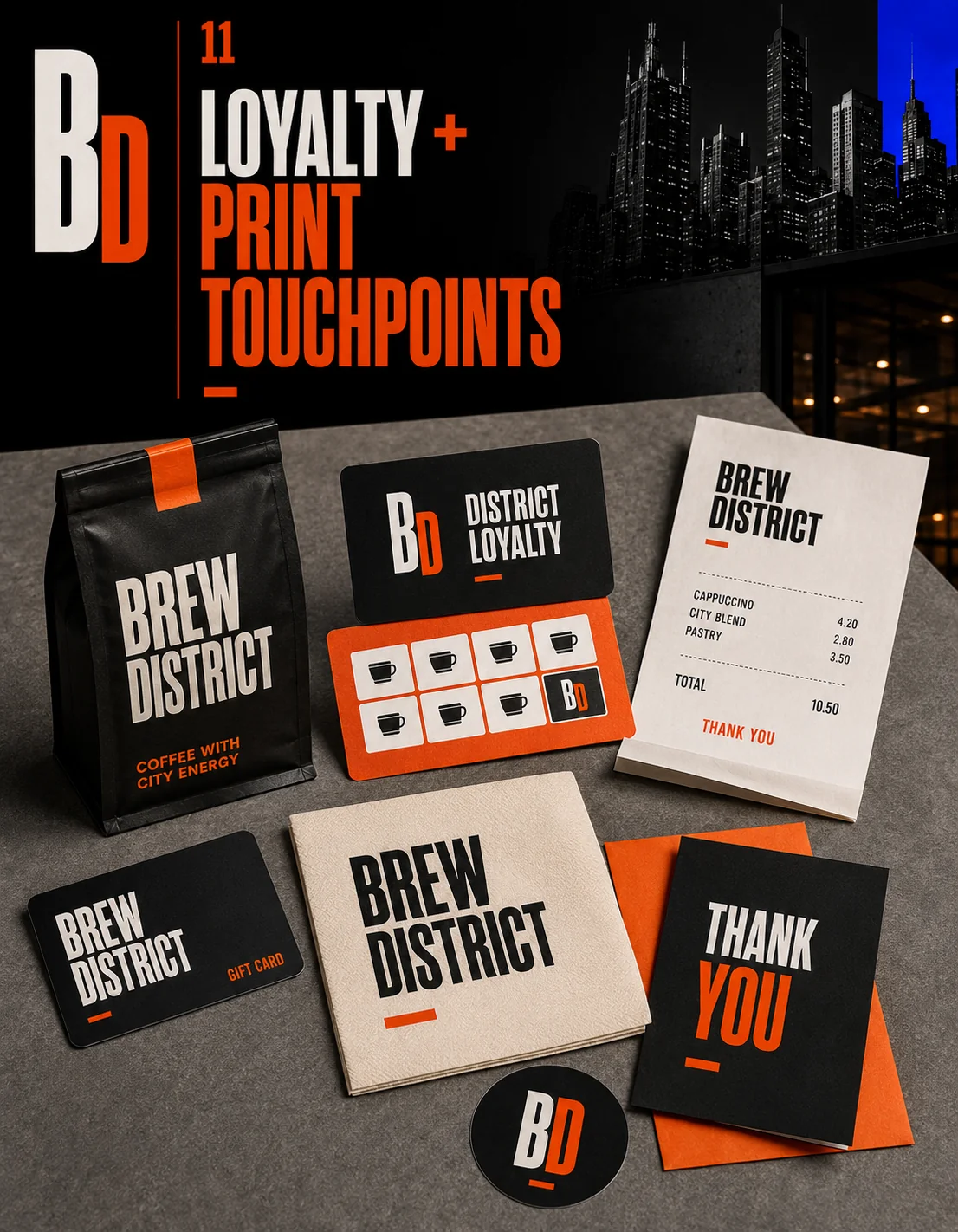 Everyday print materials including coffee loyalty cards, receipts, and custom stickers