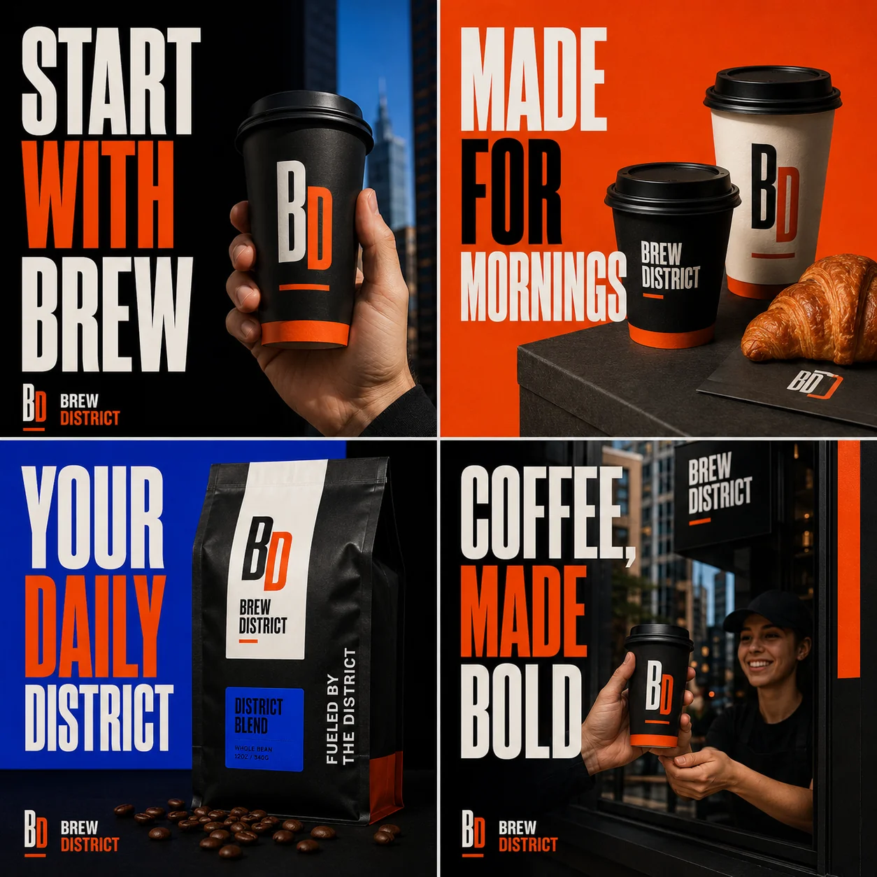 Rebrand launch campaign templates with bold typography and high-contrast product shots