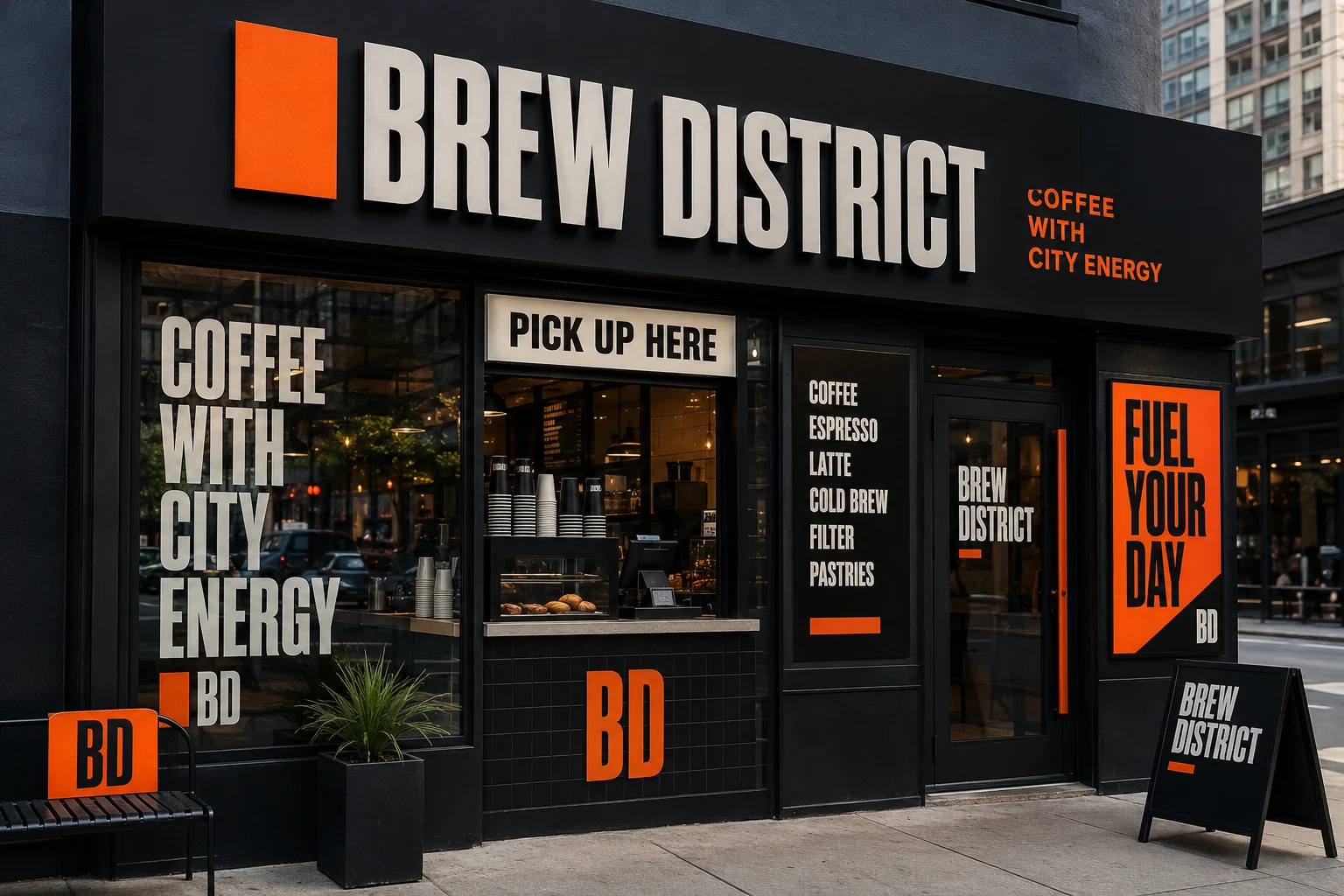 Street-ready exterior storefront signage and bold window graphics for Brew District