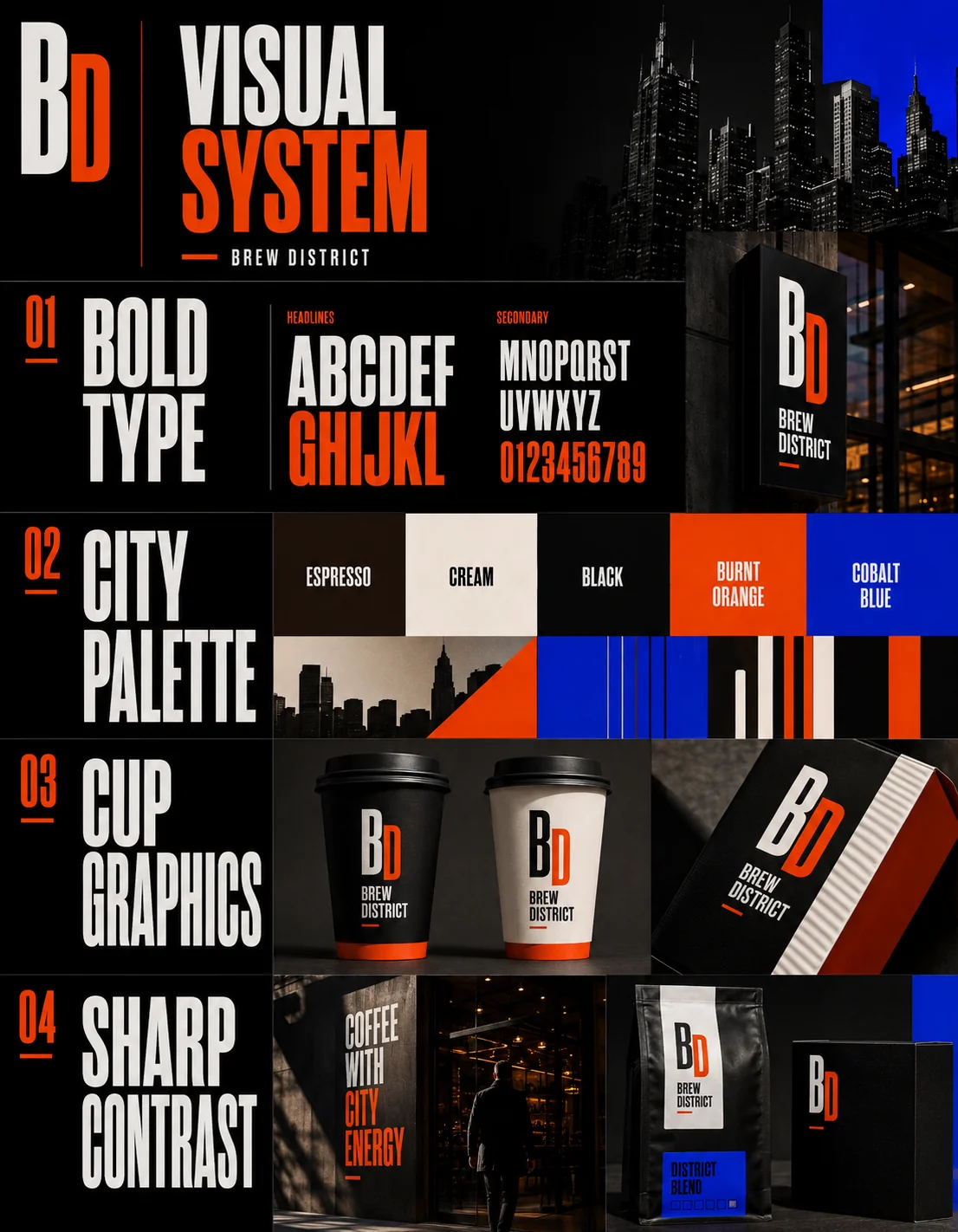 Brew District Visual System showing bold typography and city-inspired color palette